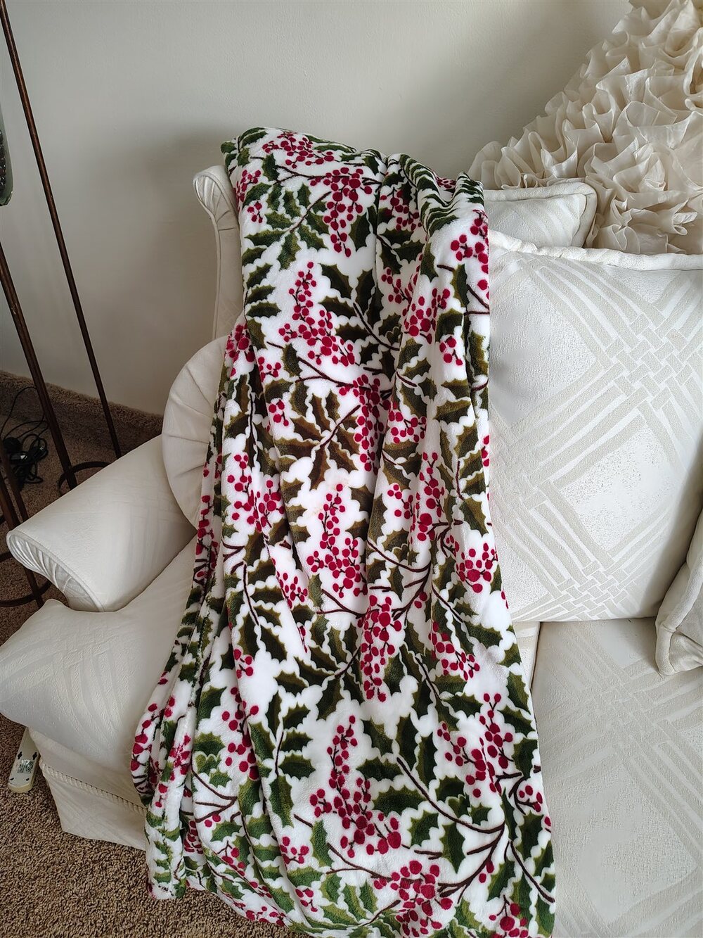 Christmas Throw Blankets Fair Isle Holly Print Red White Stripe Solid Red